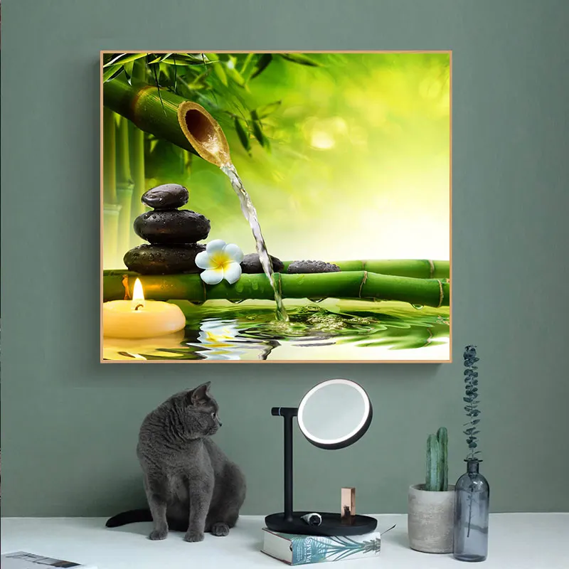 3 шт. зеленые картины Серенити дзен на холсте с рисунком цветов бамбука и камней