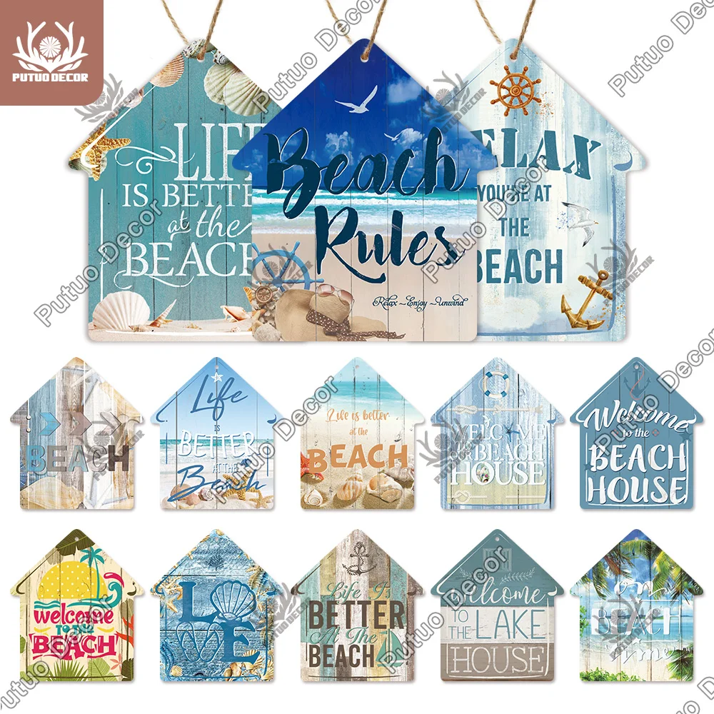 putuo decor beach sign house shaped wooden plaque summer sign sweet wooden hanging plaque for beach house bar surfing wall decor free global shipping