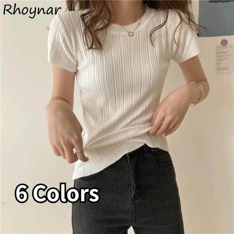 

T-shirts Women Solid Knitting Slim Tops Colorful Fashion Ulzzang Chic All-match Casual Student Elegant Girl Tender Female O-neck