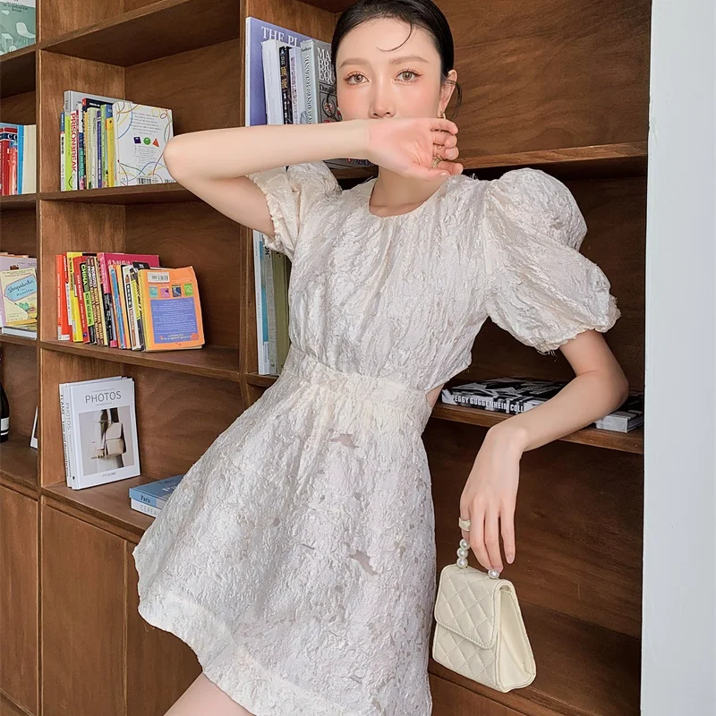 

Kimotimo Woman Dress French Gentle Backless Sexy Puff Sleeve Waist Mini Princess Dresses Summer 2021 New Design Vestido Femme