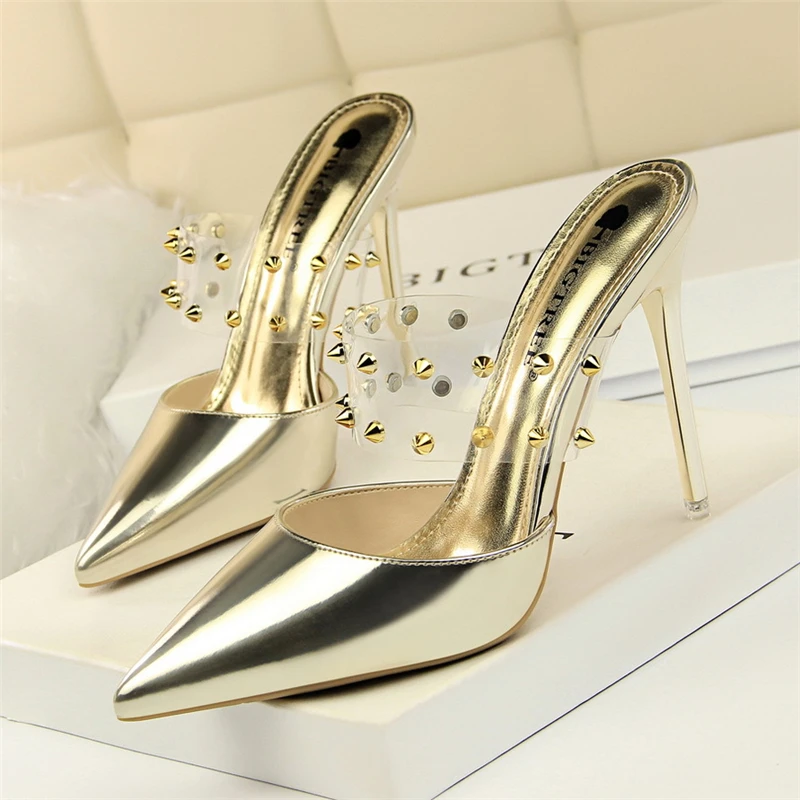 

Sexy Shoes Mules High Heels Sexy Fetish High Heel Slippers Woman Shoes Luxury Transparent Slippers Gold Heels Clear Shoes Buty