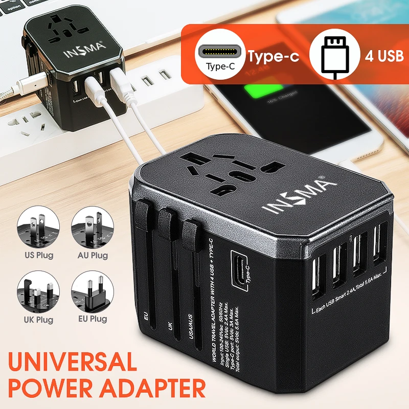 Всемирно известный адаптер для путешествий электрические вилки розетки 4 USB порта 2.4A Быстрая зарядка+ тип-c универсальное сетевое зарядное устройство для ЕС/Великобритании/США/Австралии