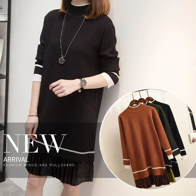 

Зимнее женское элегантное платье с длинным рукавом, однотонное вязаное платье из двух частей с разрезом, плиссированное платье с круглым вы...