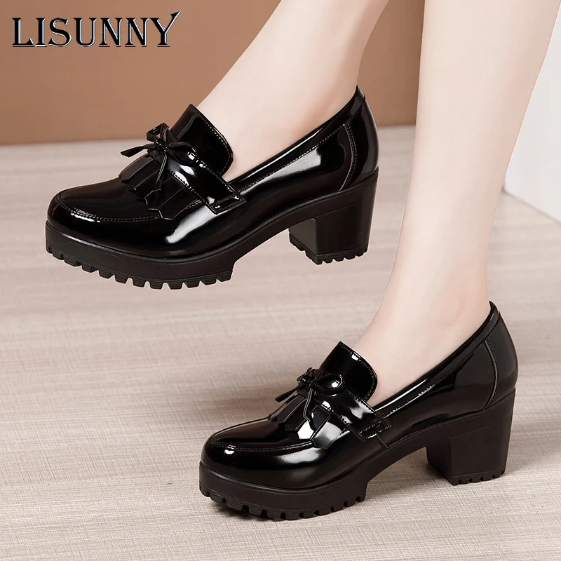 

LISUNNY Size 33-43 Women Pumps Bowknot Slip On Tassels Thick Heels Fashion Vintage Women Shoes For Party Leather Footwear