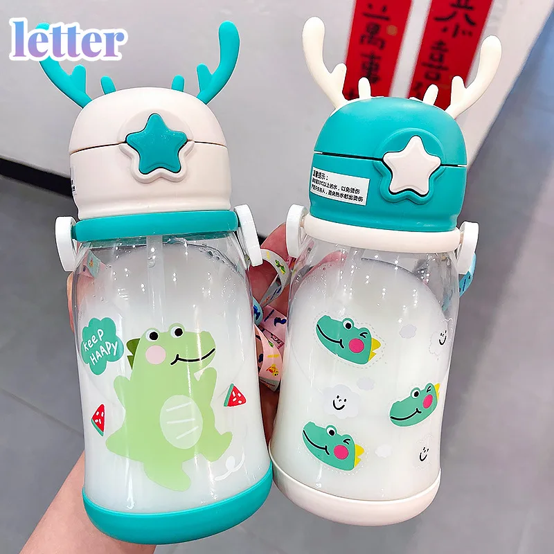 

600ml Cute Cartoon Dinosaur Drink Water Straw Bottle Cup Plastic for Baby Kids Children Student Boy Girl Creative Gift Wholesale