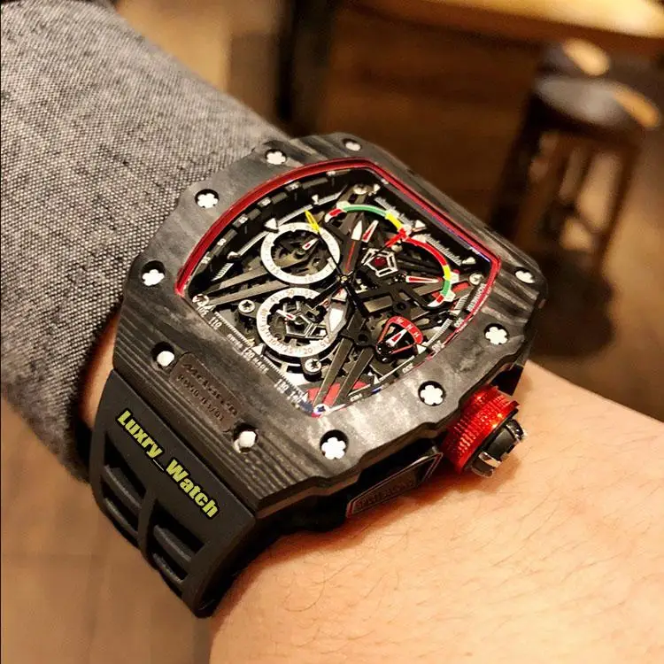 

New McLaren NTPT Carbon Fiber Case Skeleton Dial Japan Automatic Mechanical Red Canvas Rubber Mens Watch Designer Top Watches