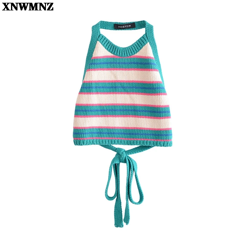

XNWMNZ 2021 New Summer Women Striped knit Tops Bow Lace Up Halter Backless Tops Chic Lady Fashion Sexy Woman Clothes crop top