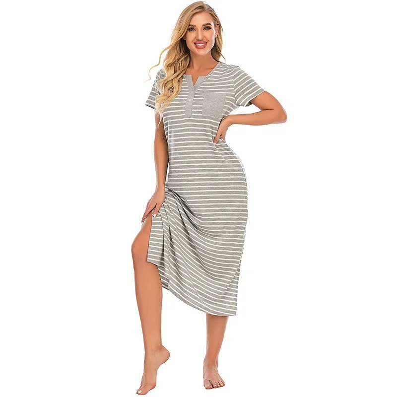 Hot Women Night Dress Long Nightgown Striped Home Dresses Loungewear Ladies Homewear Loose Sleepwear Casual Women's Home Dress