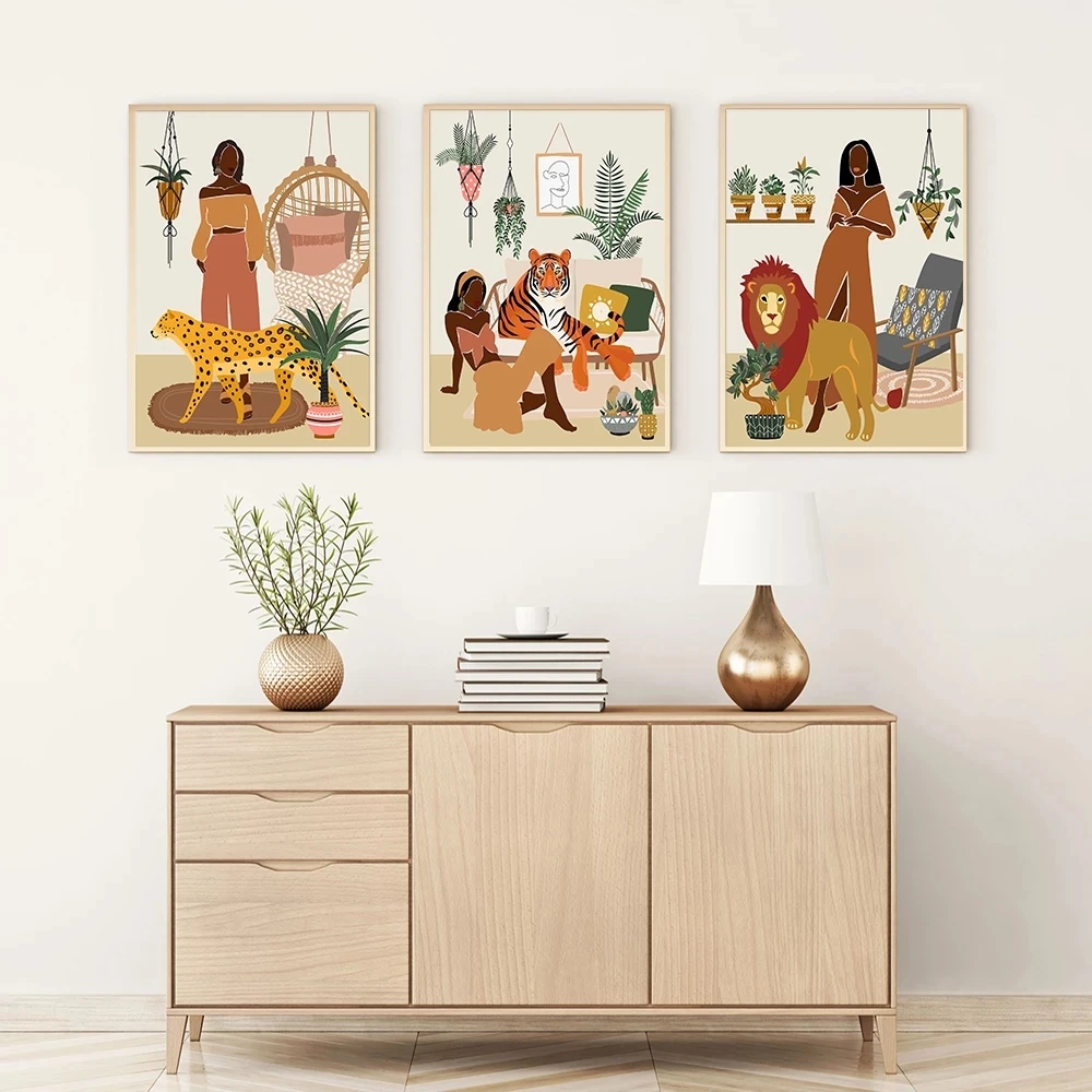 

African American Women Print Boho Black Girl Poster Jungle Lady Canvas Painting Plant Animail Wall Art Picture Living Room Decor