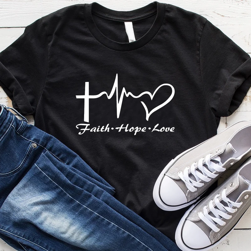 

Женская футболка с надписью Faith Hope, Повседневная хлопковая футболка с надписью Love, с принтом в виде креста на тему христианского сердца, пода...