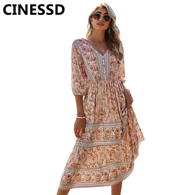 

CINESSD Women V Neck High Waist Bohemian Print Dress Flare Half Sleeves Splicing Shirring A Line Button Beach Boho Midi Dresses