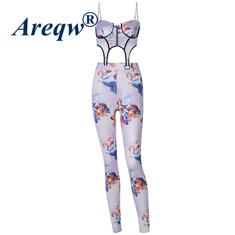 

2021 Spring New Style Zipper Print Suspender Vest Trousers Casual Suit Women