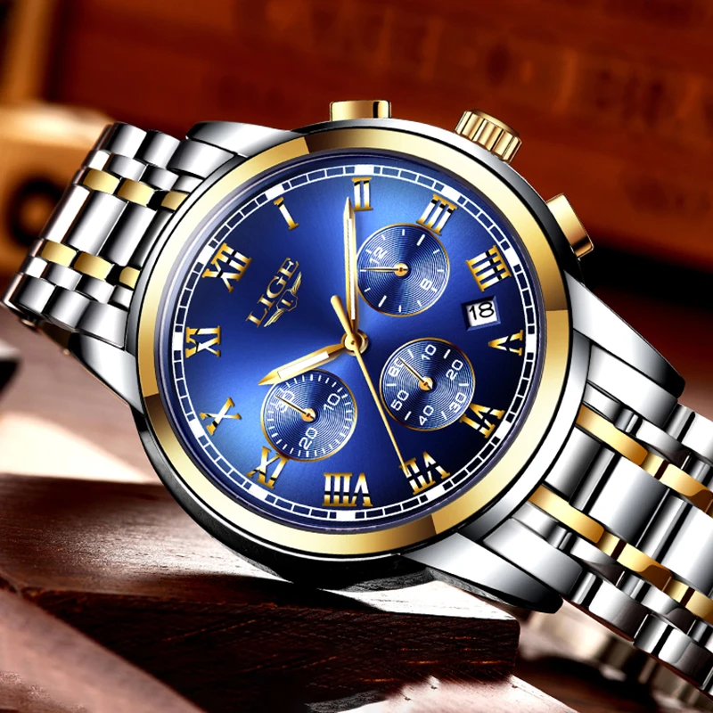 Часы LIGE для мужчин роскошные светящиеся водонепроницаемые аналоговые наручные