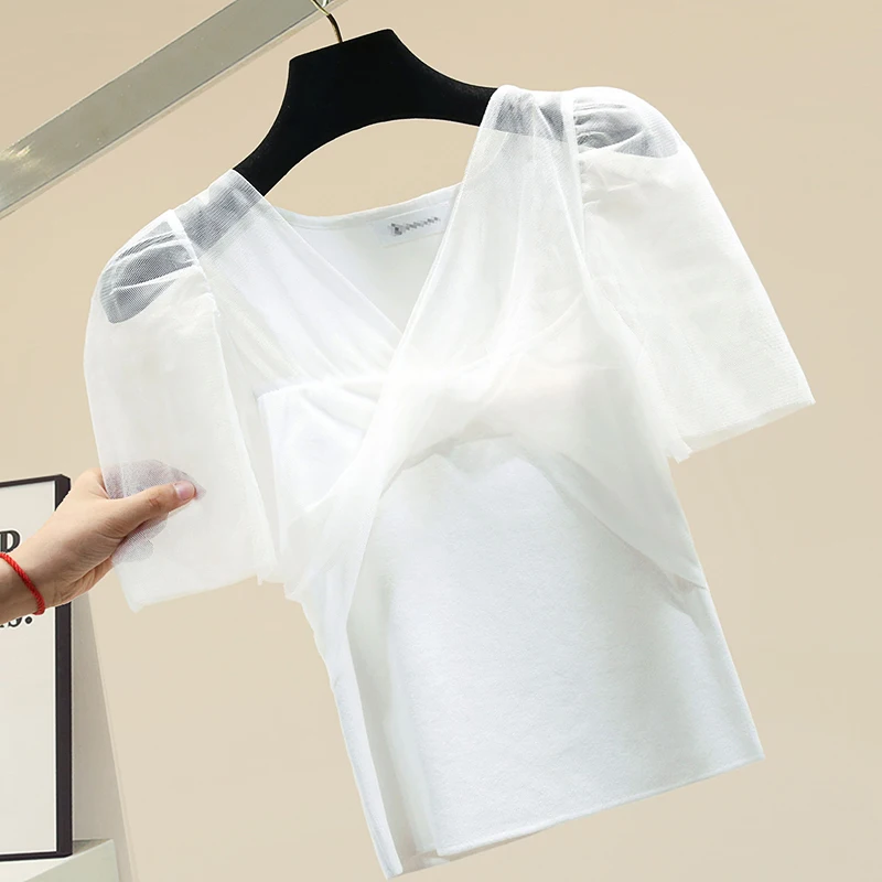 

Black V-neck Slim-Fit Short-Sleeve T-shirt Female Ins Super Fashion Stretch Cropped Tshirt Girls Ladies Fashion Summer Tops