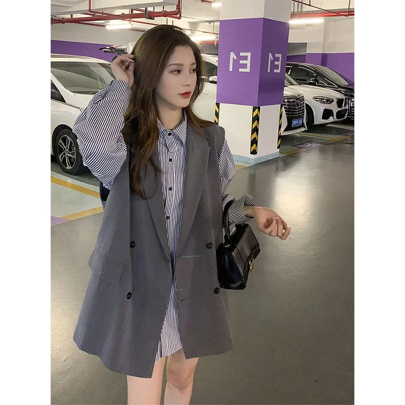 

Autumn New Women Lapel Splicing Mid-length Vest Coat Online Celebrity Versatile Temperament Leisure Striped Shirt Two-piece Set
