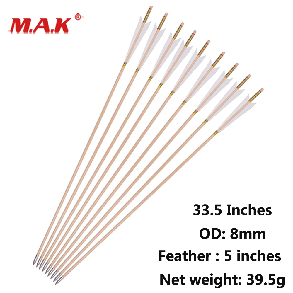 

Wooden Arrow 33.5 Inches Diameter 8mm with 5 Inches Real Feather White Wood Shaft for Traditional Bow Archery Training Hunting