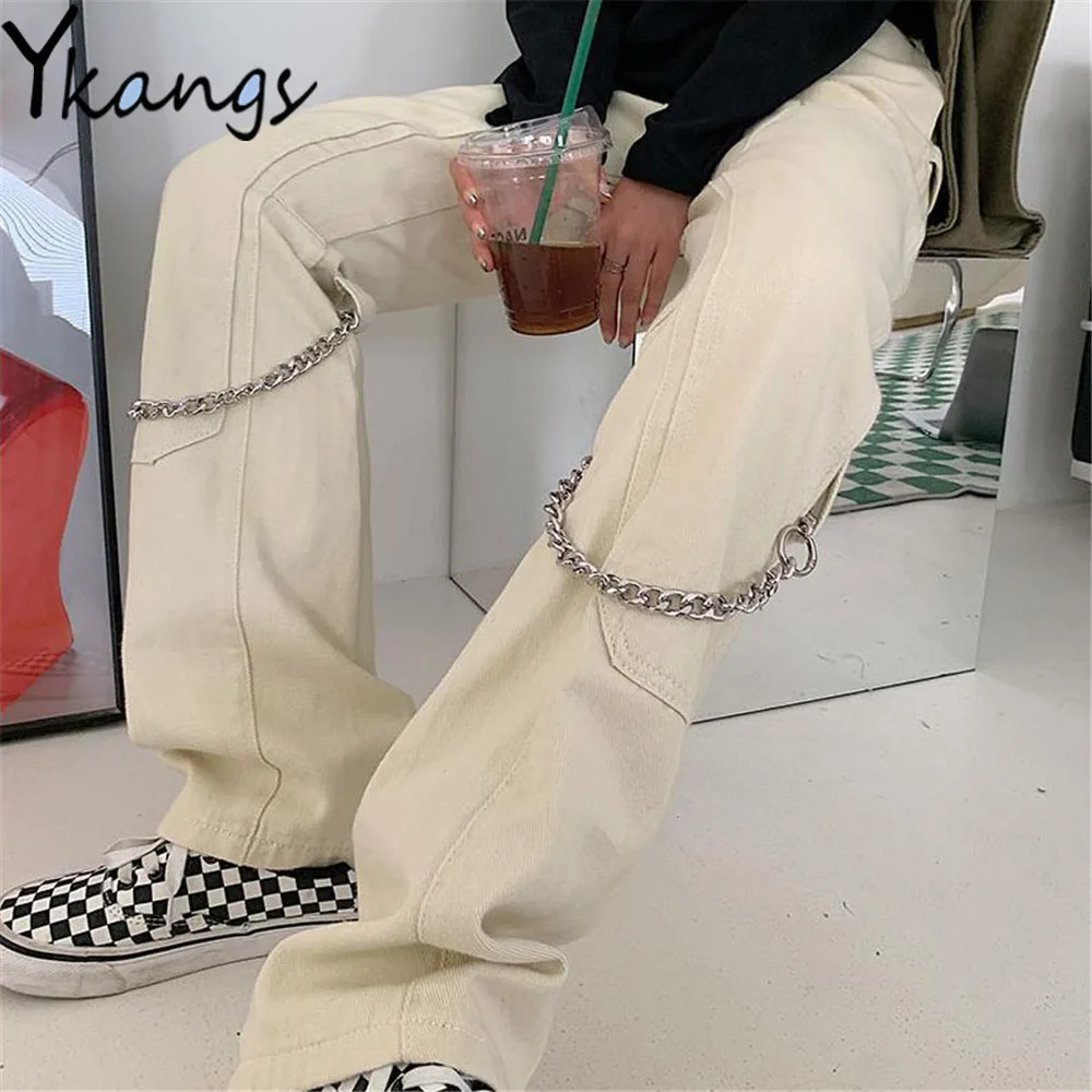 

Denim Stitching Metal Chain Desigual Straight Jeans Gothic Harajuku Hip Hop Hippie Pants Women Trendy High Street Y2k Trousers