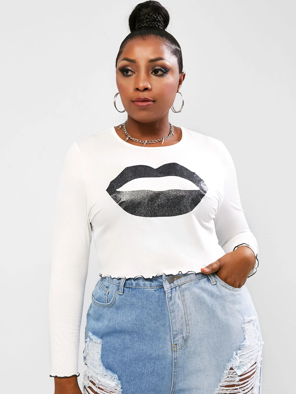 

Women's Casual Print Mouth Tee Shirt Long Sleeve Round Neck Pullover Loos Sweathershirt T-Shirt Tunice Tops