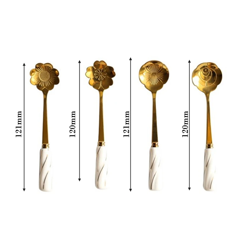 

1PC Flower Type Tea Dessert Coffee Mixing Spoon Ceramic Handle Gold Long Handle Stainless Steel Teaspoons Tableware