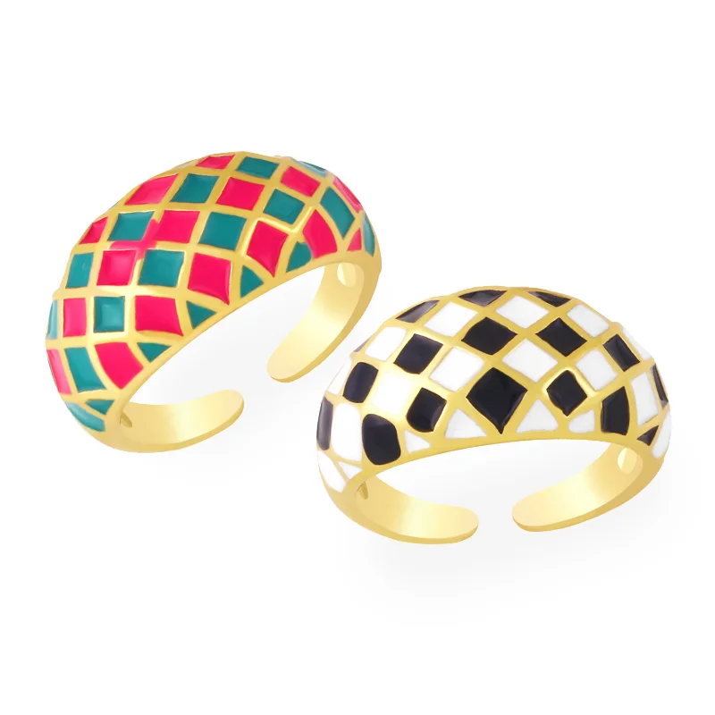 

European and American Fashion Black and White Plaid Ring Ins Net Red Metal Dripping Geometric Ring Creative Index Finger Ring