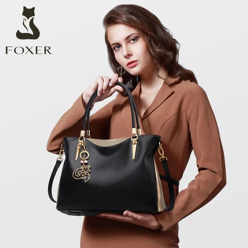 FOXER Cowhide Women Brand Handbag Commute Messenger Bag Fashion Female Tote Lady Purse Fall Winter Leather Solid Black Color | Багаж и