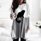 Женские футболки, 2020, модный Повседневный свитер большого размера с принтом кота, с длинным рукавом, теплый пуловер, топ с милым котом