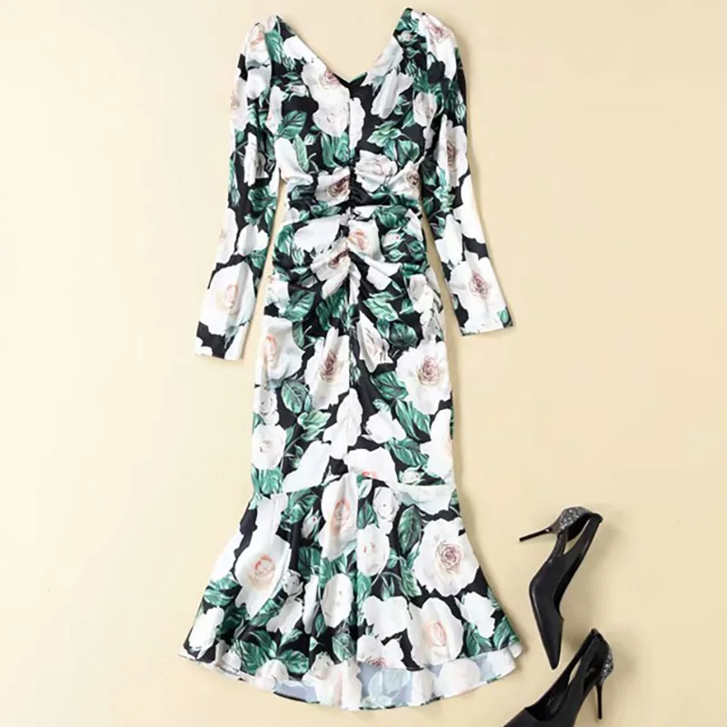 

Gedivoen Spring Square Collar Mermaid Dress Women Pleated Floral Print High Street Midi Dress Fashion Designer Dresses Vestidos