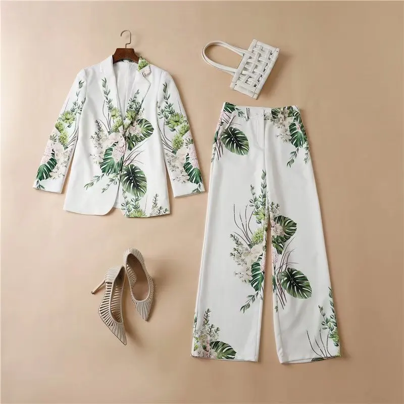 

European and American women's wear new autumn 2022 Floral print coat long sleeves and lapels Wide-legged pants Fashion suits