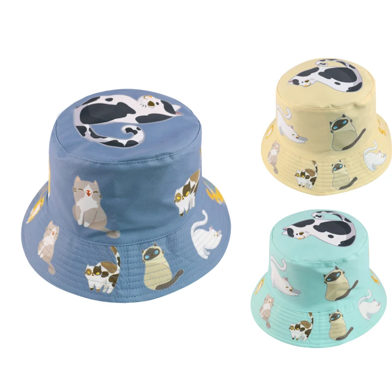 Панама женская с мультяшным принтом Кот от солнца двусторонняя для путешествий и