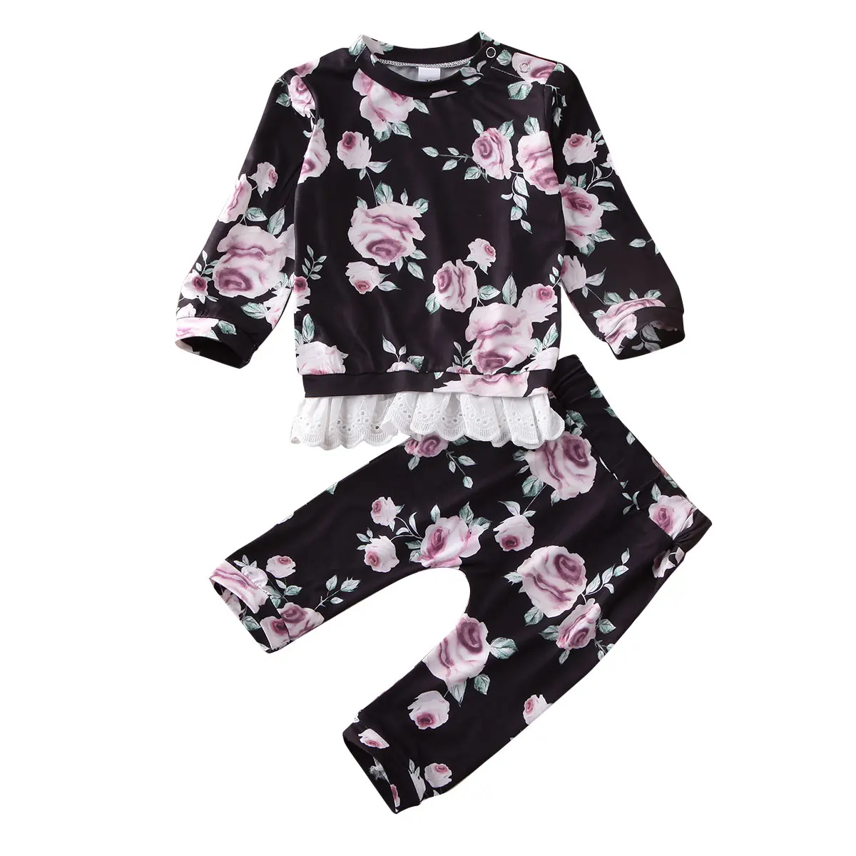 Милые комплекты для новорожденных девочек кружевная футболка с цветами + штаны