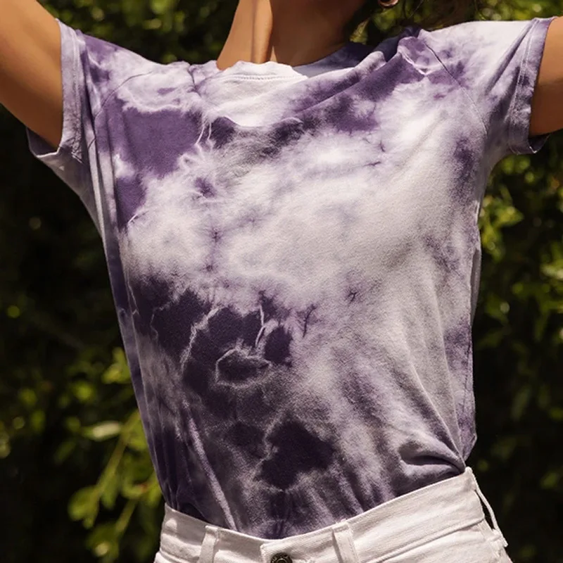 

Short Sleeve Cotton Soft Comfortable Tees Ladies Tops Summer Tops Tie Dyed T-shirt Round Neck Mid Length Slim Women's Tshirts