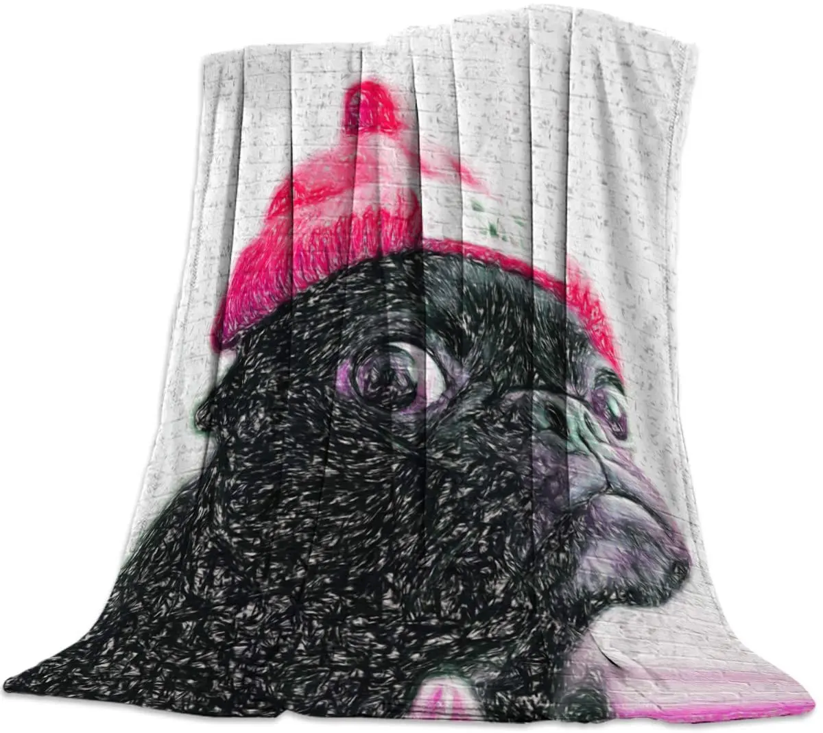 

Queen Flannel Fleece Blanket for Kids Adults Soft to Touch Bed Throw-Blankets,Cute Animal Pug Dog with Hat Blankets for Bedroom