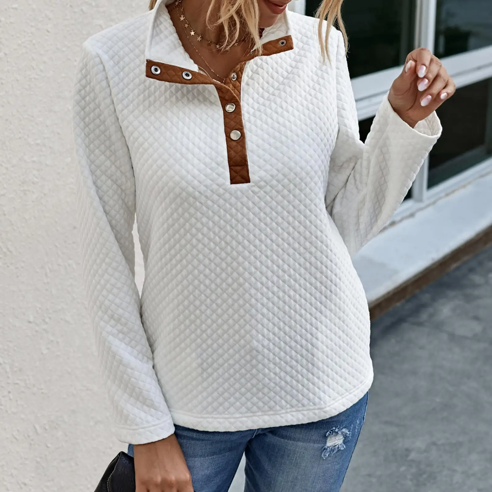 

Women Sweatshirt Long Sleeve Turn Down Collar Buttons Pullover Sweatshirt Waffle Blouse Patchwork Pullovers Tops Autumn Winter