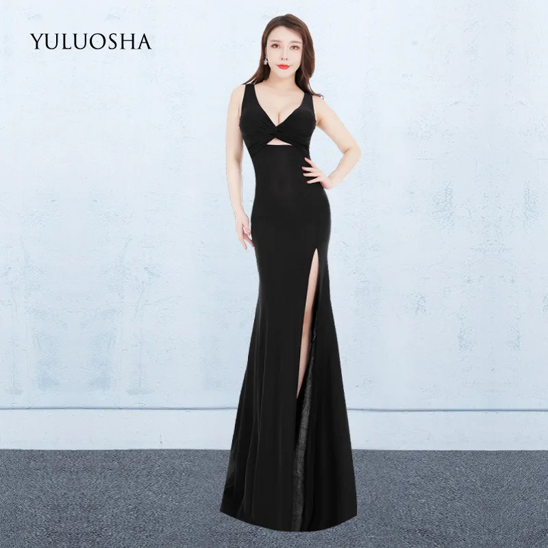 

YULUOSHA Black Long Evening Dresses Sexy Backless V-Neck Lace Sleeveless Gowns Evening Wear Vestido Largo Fiesta Noche Elegante