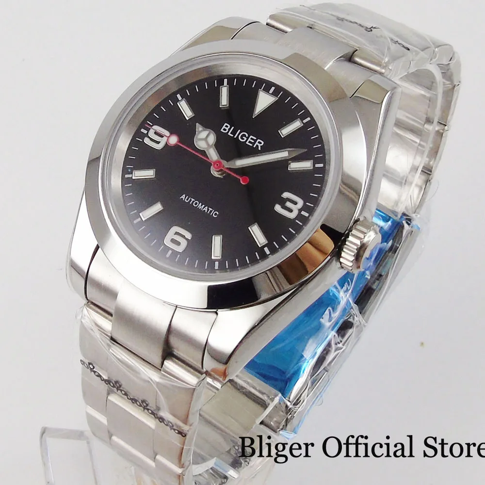 

BLIGER Red Second Hand Black Men Watch NH35 21 Jewels MIYOTA 8215 Movement Brushed Oyster Strap Polished Case