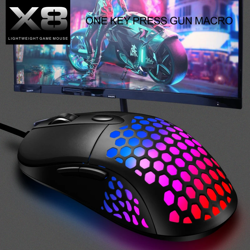 

Creative X8 RGB 6 Keys Wired Hollow Mouse Hole Mice Four Gears DPI Gaming Mouse Ergonomic Design Suitable For Laptop PC Desktop