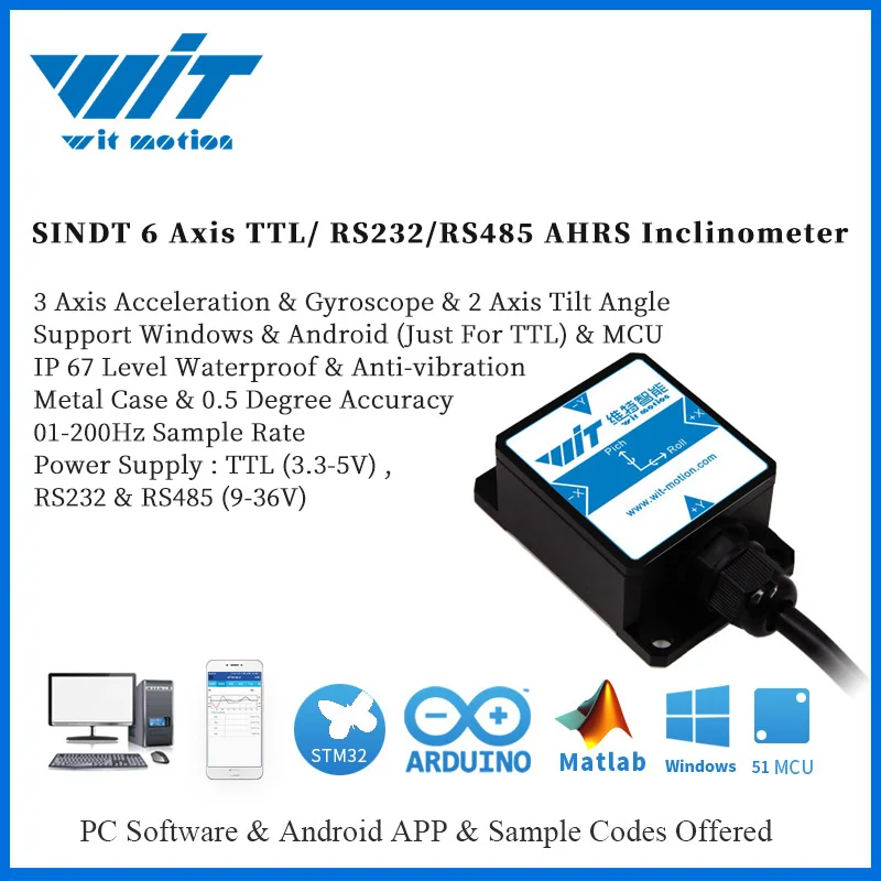 Grau de Inclinação à Prova Digital de Inclinação de 2 pc e Mcu Witmotion-sensor Eixos Inclinômetro D’água Antivibração Sistema Android Ip67