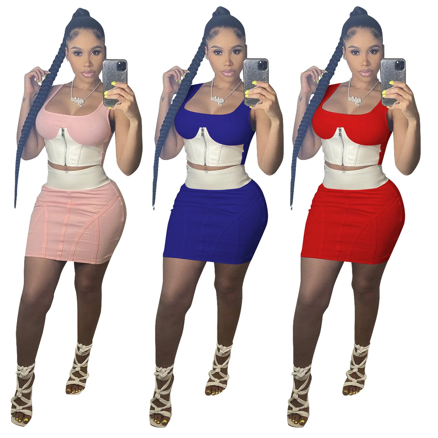

Summer New Fashion Women Two Piece Suit Tank Top And High Waist Bodycon Skirts Outfits Set