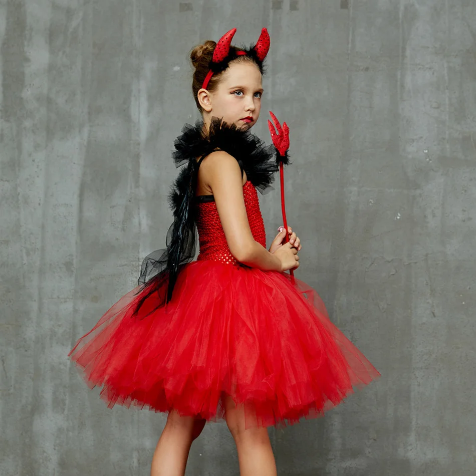 Halloween Costume Dress For Girls Baby Red Devil TUTU with Wing Fancy Dressing Up Girl Cosplay Outfits Ball Gown Photo Props |