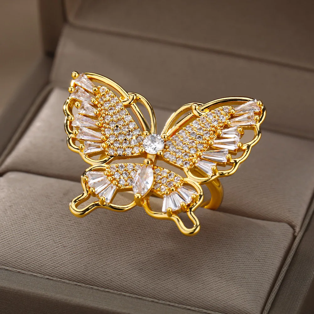 Кольца с блестящими кристаллами в виде бабочки для женщин и девушек позолоченные