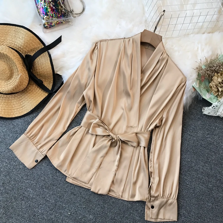 

New Urban Ladies Poplin V-neck Waistband Blouse Female Satins Sashes Drawstring Lantern Sleeves Shirt Ladies Fashion Top Suits