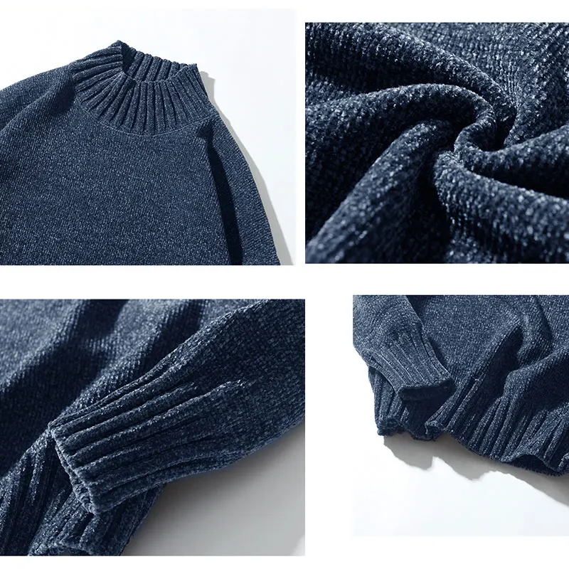 

Fashion Half Turtleneck Sweater Men Solid Loose Casual Streetwear Pullover Japanese Male Clothing Autumn Chenille Knitted Tops