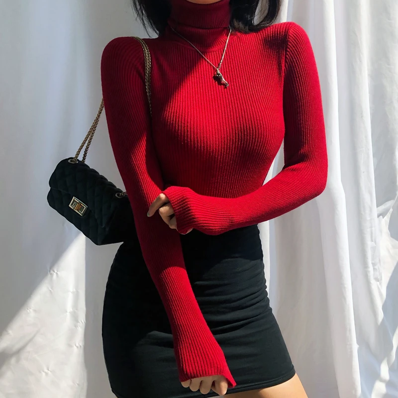 Women Roll Neck Jumper In Fine Knit Rib Basic Ribbed Top | Женская одежда