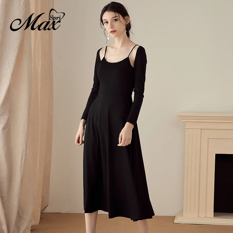 Женское офисное платье Max Spri черное однотонное ТРАПЕЦИЕВИДНОЕ ПЛАТЬЕ до