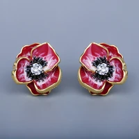 elegant womens 925 silver earrings red epoxy flower earrings handmade enamel party earrings womens fashion flower jewelry