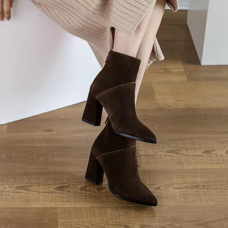 

INS HOT Women Ankle Boots Genuine Leather Plus Size 22-26.5 Cm Feet Length Pointed Toe Side Zipper Winter Shoes Women Cow Suede