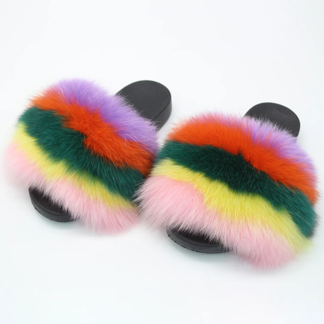 

Wholesale Summer Colorful Real Fur Slippers Fluffy Winter Soft Ladies Fur Slides for Women