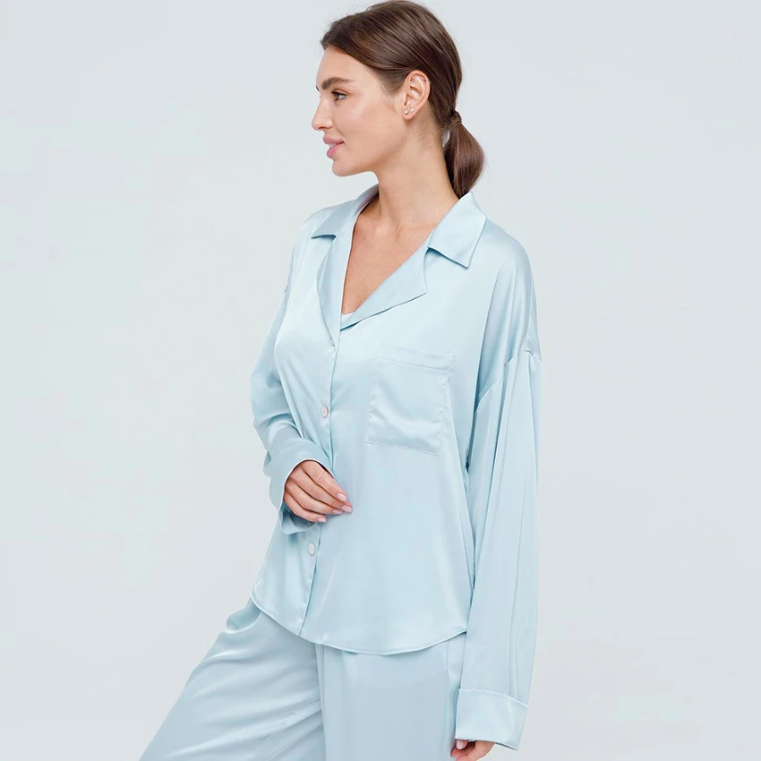 

Solid Loose Female Pajamas Satin Turndown Collar Long Sleeve Pocket 2 Piece Set Pants Homewear Silk Women Sleepwear Suits