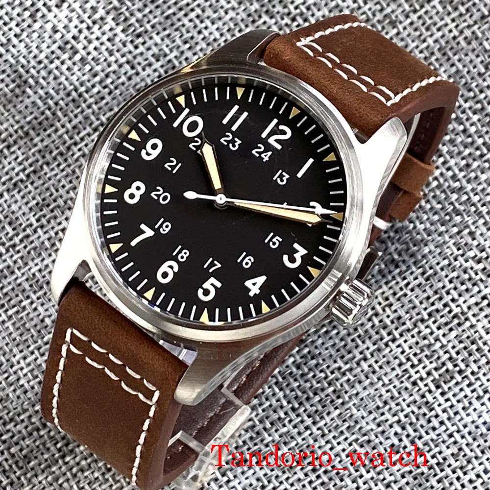 Pаспродажа Мужские водонепроницаемые часы-авиаторы тандорио, 39 мм, черный циферблат, Сапфировая трава, 200 м, NH35A PT5000, кожа, светящиеся