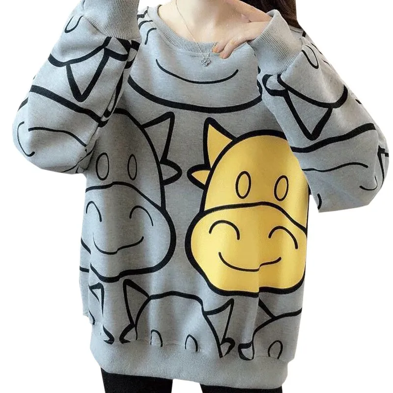 

Свободная Женская одежда с мультипликационным рисунком, осенне-зимний бархатный свитшот с принтом в стиле Харадзюку, милый серый Бегемот, н...